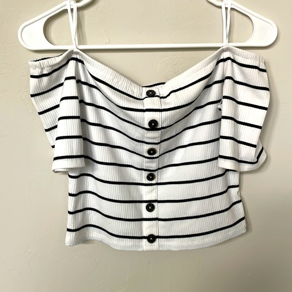 2 Off the Shoulder Women’s Tops | Express | Guess | Red | Black/White Stripe - Picture 7 of 10